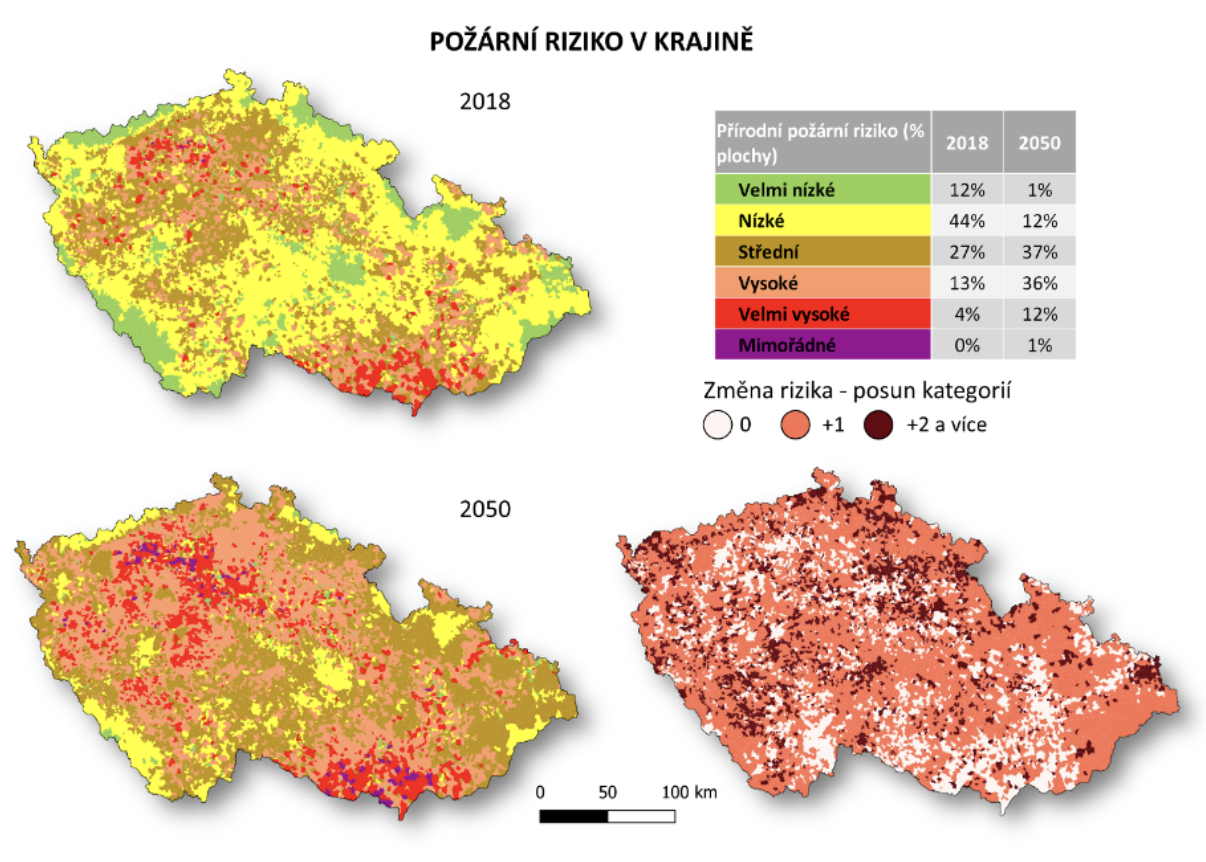 Mapy Česka ukazující nárůst rizika výskytu přírodních požárů mezi lety 2018 až 2050.