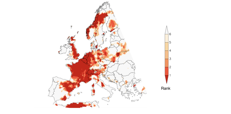 Mapa Evropy ukazující nárůst teploty zejména v západní a severní Evropě v porovnání s lety 1950–2018.