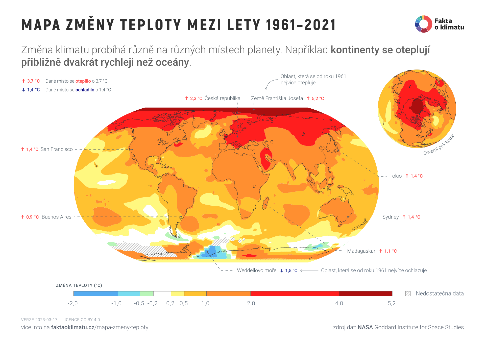 Mapa změny teploty mezi lety 1961–2021
